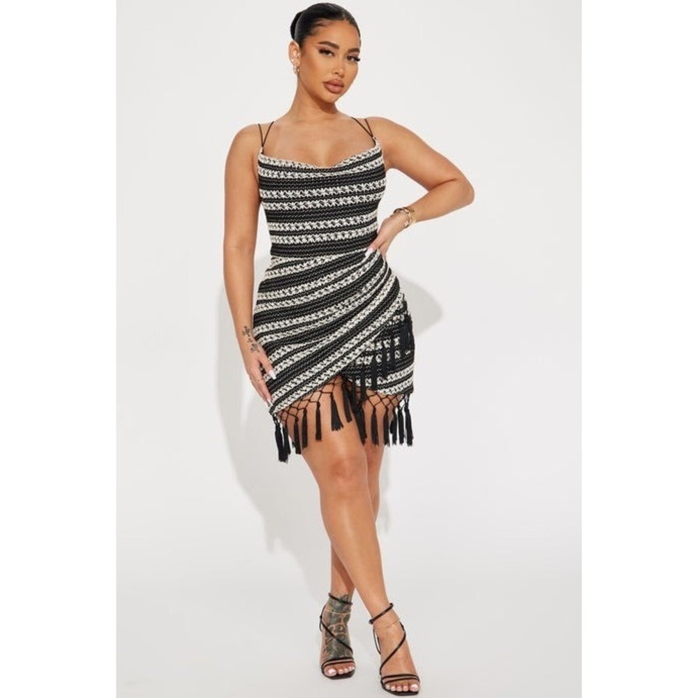 Fashion Nova Bali Mami Crochet Mini Dress Black White Fringe Tassel Large NWT - Picture 2 of 7